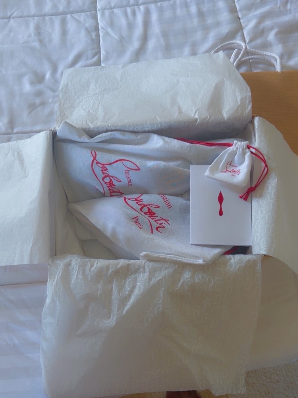 Christian Louboutin White Dust Bags with Red Logo and Drawstrings